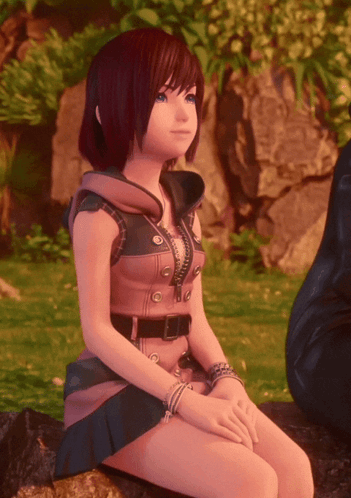 A Girl With Red Hair Sits On A Rock In A Video Game GIF