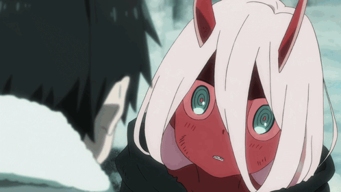 a girl with red horns and pink hair looks at a man