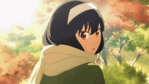 A Girl With Short Black Hair Wearing A Scarf GIF