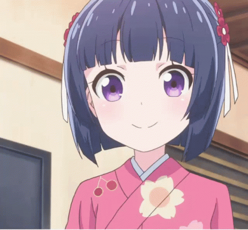 A Girl With Short Hair And Purple Eyes Is Wearing A Pink Kimono With Flowers On It GIF