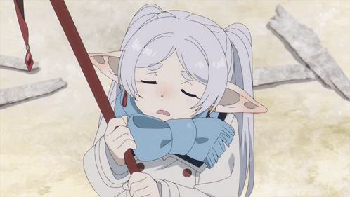 A Girl With White Hair And A Blue Scarf Around Her Neck GIF