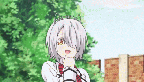 A Girl With White Hair And A Cat Ear Headband Is Standing In Front Of Trees . GIF