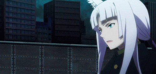 A Girl With White Hair And A Fox Ear Is Standing In Front Of A City Skyline GIF