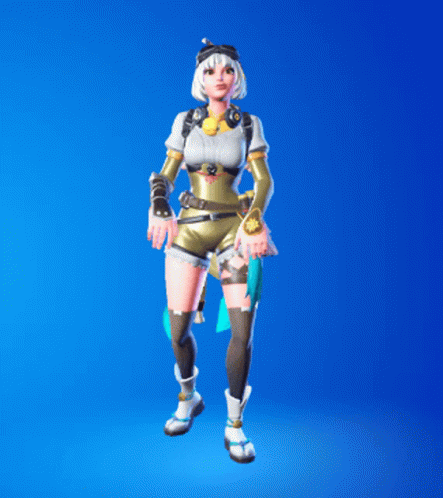 A Girl With White Hair And A Goggles On Her Head Is Standing In Front Of A Blue Background GIF