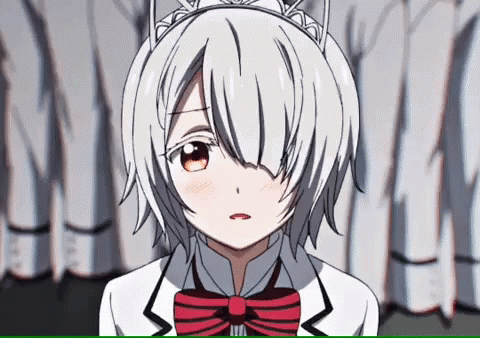 A Girl With White Hair And A Red Bow Tie Is Standing In Front Of A Crowd . GIF