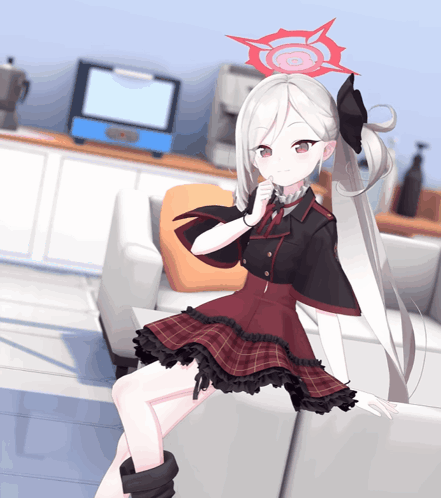 A Girl With White Hair And A Red Circle On Her Head GIF