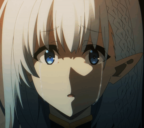 A Girl With White Hair And Blue Eyes Is Crying With Tears Running Down Her Face GIF