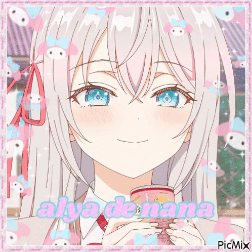 A Girl With White Hair And Blue Eyes Is Holding A Can Of Soda GIF