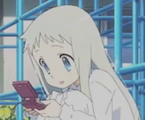 A Girl With White Hair And Blue Eyes Is Holding A Pink Cell Phone . GIF