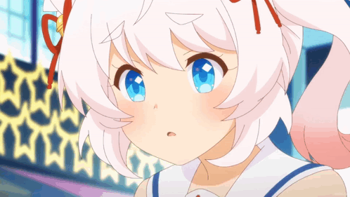 A Girl With White Hair And Blue Eyes Is Looking At Something GIF