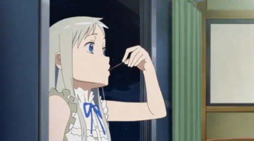 A Girl With White Hair And Blue Eyes Is Looking Out Of A Window At Night GIF