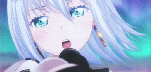 A Girl With White Hair And Blue Eyes Is Singing Into A Microphone In An Anime . GIF