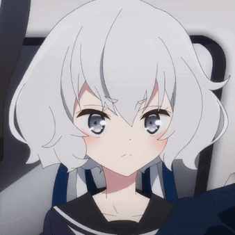 A Girl With White Hair And Blue Eyes Is Sitting In A Chair GIF
