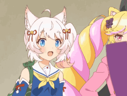 A Girl With White Hair And Blue Eyes Is Standing Next To A Girl With Pink Hair GIF