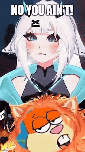 A Girl With White Hair And Blue Eyes Is Standing Next To An Orange Cat With The Words No You Ain 'T On It . GIF