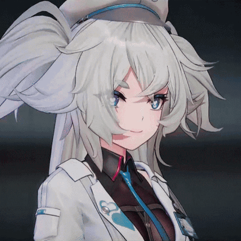 A Girl With White Hair And Blue Eyes Is Wearing A White Jacket And Hat GIF