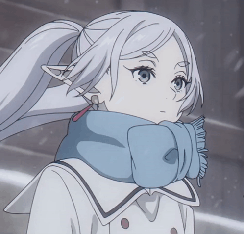 A Girl With White Hair And Blue Eyes Wearing A Scarf Around Her Neck GIF