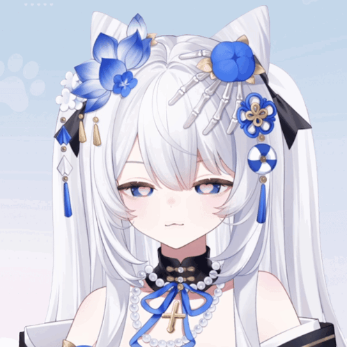A Girl With White Hair And Blue Flowers On Her Hair GIF