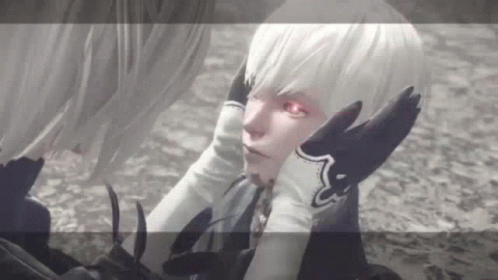 A Girl With White Hair And Gloves Is Looking At Another Girl GIF