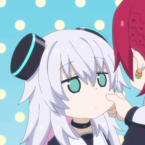 A Girl With White Hair And Green Eyes Is Being Petting By Another Girl With Red Hair GIF