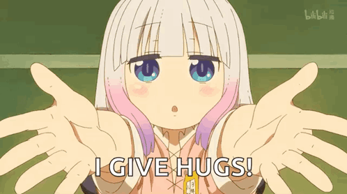 A Girl With White Hair And Pink Highlights Is Giving Hugs GIF