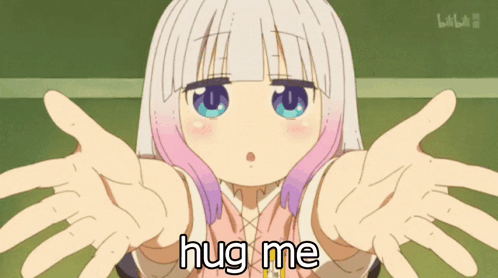 A Girl With White Hair And Pink Highlights Is Hugging Herself With The Words Hug Me Below Her GIF