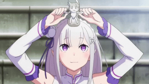 A Girl With White Hair And Purple Eyes Is Holding A Small Figurine On Her Head GIF