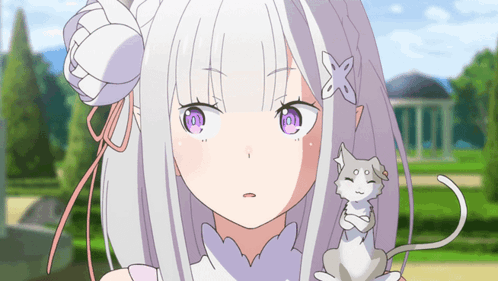 A Girl With White Hair And Purple Eyes Is Holding A Small White Cat GIF