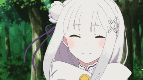A Girl With White Hair And Purple Ribbons In Her Hair Is Smiling GIF