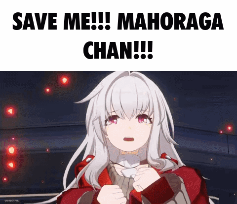 A Girl With White Hair And Red Eyes Is Holding A Piece Of Paper With The Words Save Me Mahoraga Chan Written Above Her . GIF