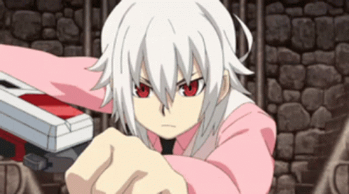 A Girl With White Hair And Red Eyes Is Holding A Red And White Box GIF