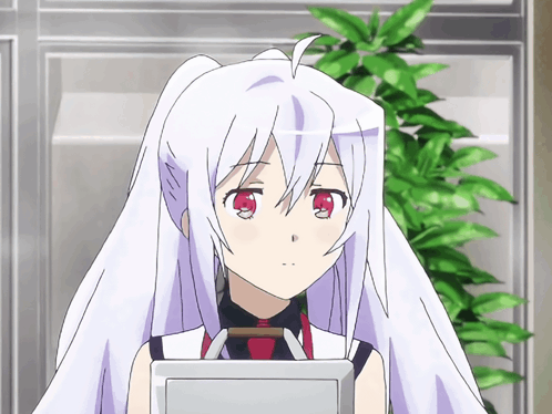 A Girl With White Hair And Red Eyes Is Holding A Tablet GIF