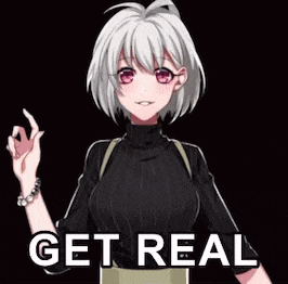 A Girl With White Hair And Red Eyes Is Standing In Front Of A Black Background With The Words Get Real On It . GIF