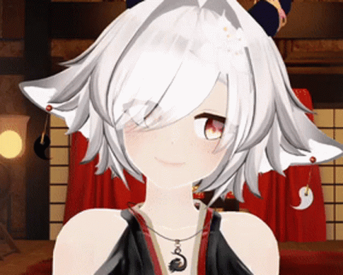 A Girl With White Hair And Red Eyes Is Wearing A Necklace With A Cat On It GIF