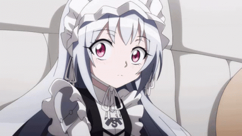 A Girl With White Hair And Red Eyes Is Wearing A White Maid Outfit GIF
