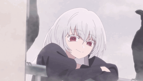 A Girl With White Hair And Red Eyes Looks At The Camera GIF