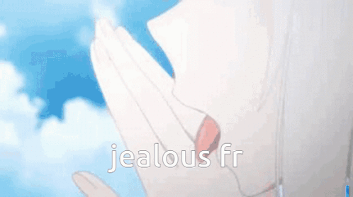 a girl with white hair is covering her face with her hand and the words `` jealous fr '' are written on the bottom .