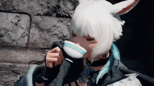A Girl With White Hair Is Drinking From A Cup GIF