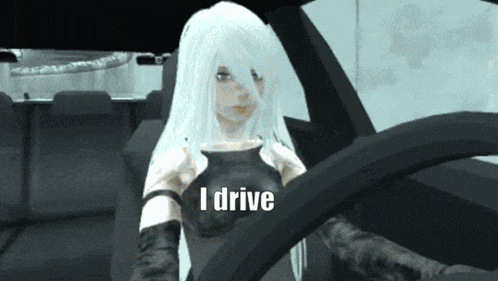 A Girl With White Hair Is Driving A Car And The Words I Drive Are Above Her GIF