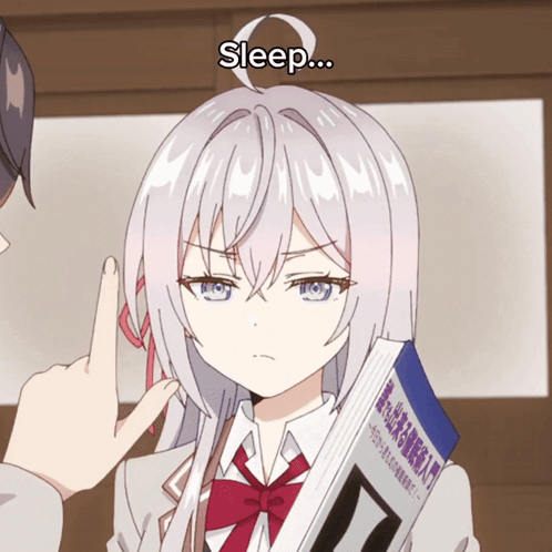 A Girl With White Hair Is Holding A Book That Says " Sleep " GIF