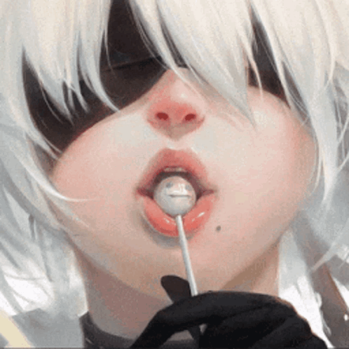 A Girl With White Hair Is Licking A Lollipop With A Face On It GIF