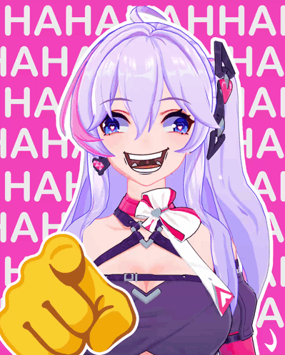A Girl With White Hair Is Pointing At The Camera With A Pink Background That Says Hah GIF