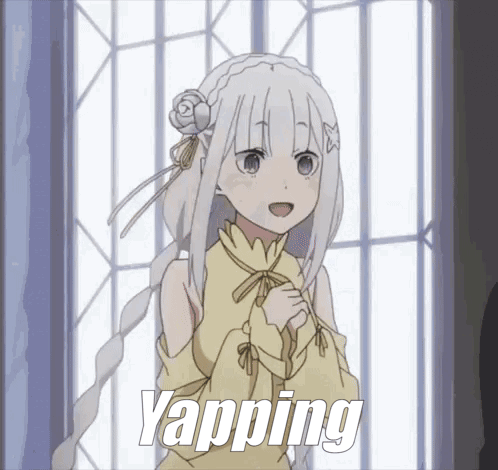 A Girl With White Hair Is Standing In Front Of A Window With The Word Yapping Above Her GIF