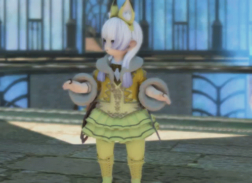 A Girl With White Hair Is Wearing A Yellow And White Outfit GIF