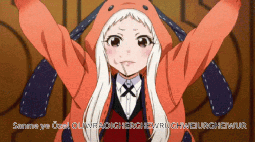 A Girl With White Hair Is Wearing An Orange Jacket With A Rabbit Hood GIF