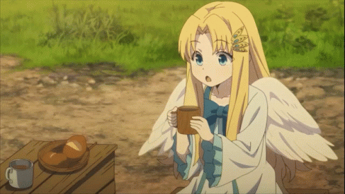 A Girl With Wings Holds A Cup Of Coffee GIF