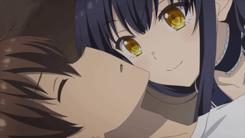 a girl with yellow eyes is kissing a boy