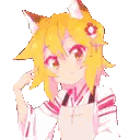 a girl with yellow hair and cat ears is wearing a white apron and giving a thumbs up .