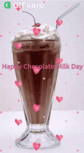 A Glass Of Chocolate Milk With Whipped Cream And A Cherry On Top With The Words Happy Chocolate Milk Day GIF