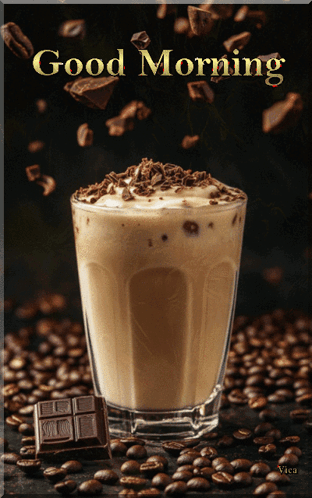A Glass Of Coffee With Chocolate Shavings And The Words " Good Morning " Above It GIF